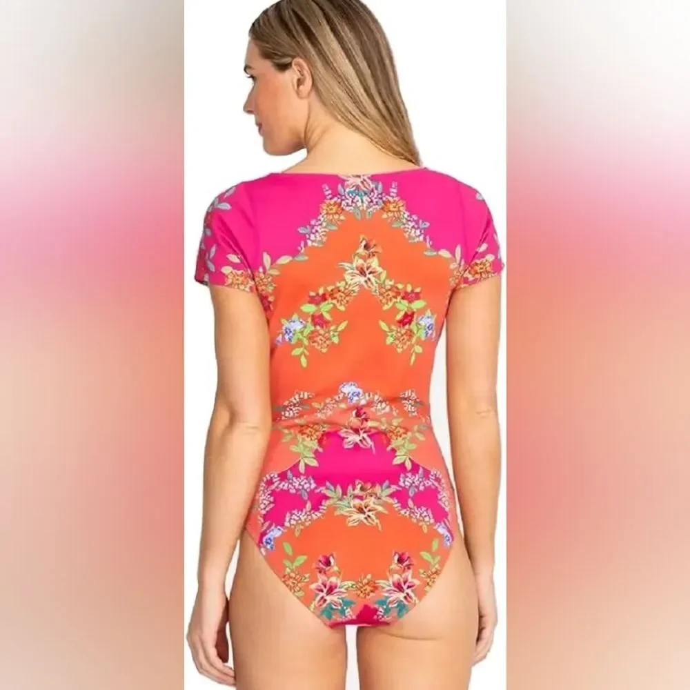 NWOT Johnny Was Wave Surf One Piece Swimsuit Pink Orange Size XS
